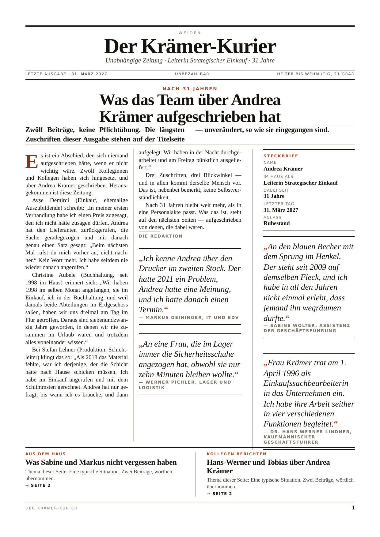 Titelseite der Musterausgabe „Der Krämer-Kurier“